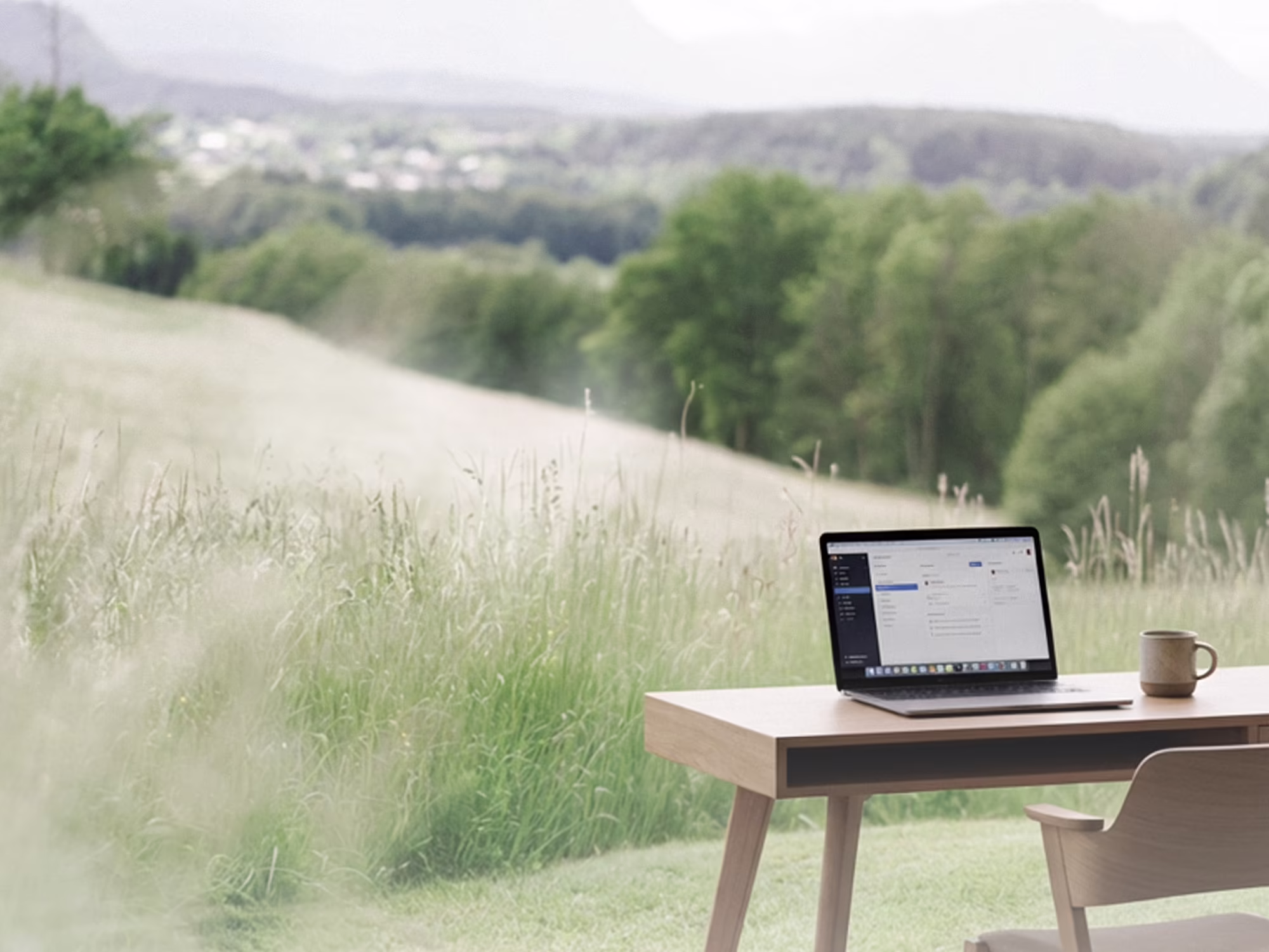 Aussicht auf Felder mit hohem Gras mit Schreibtisch, Laptop, Stuhl und Kaffee Tasse im Vordergrund